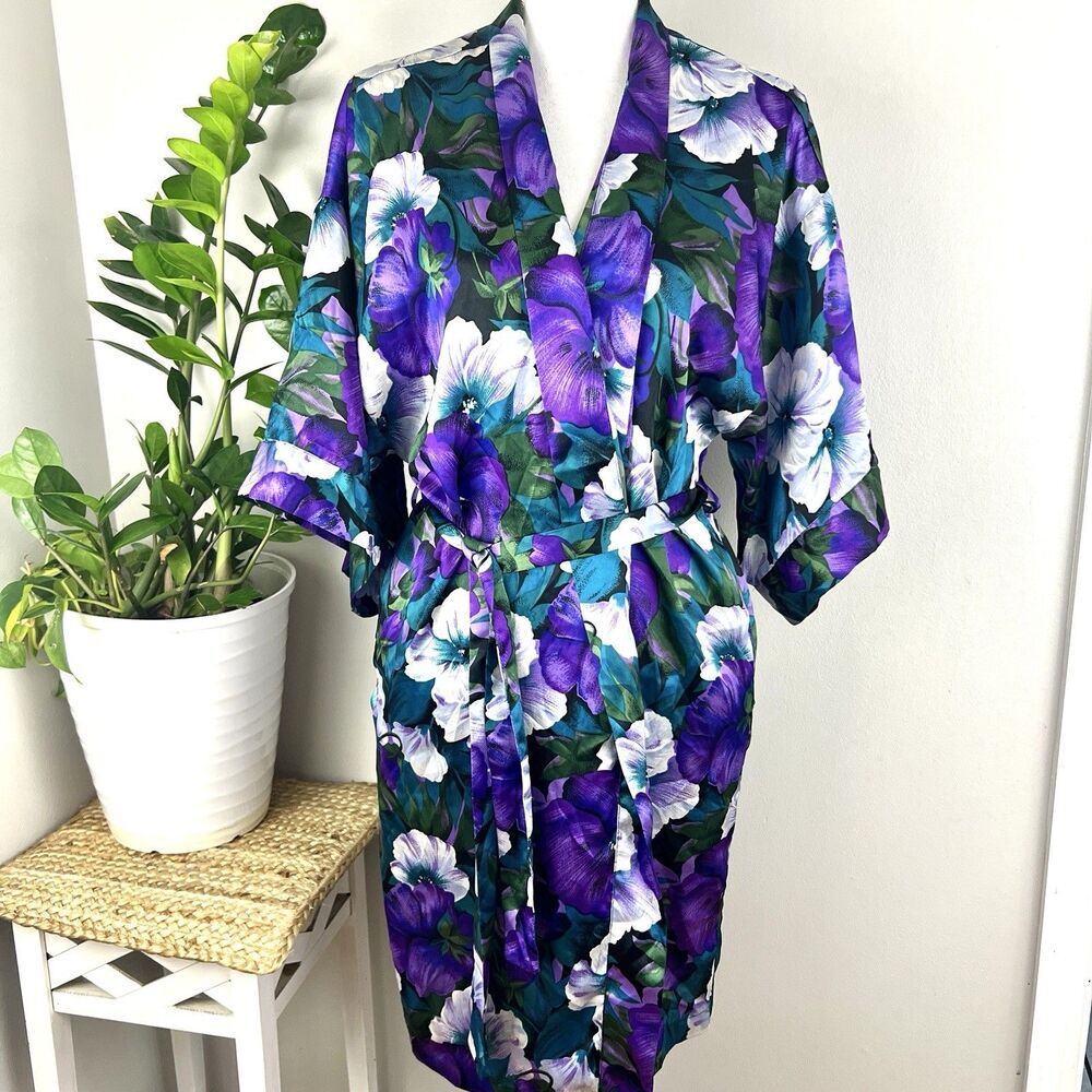 Vintage 90s Cacique Lingerie Purple Floral Satin Robe with Belt Soft Flowy Small